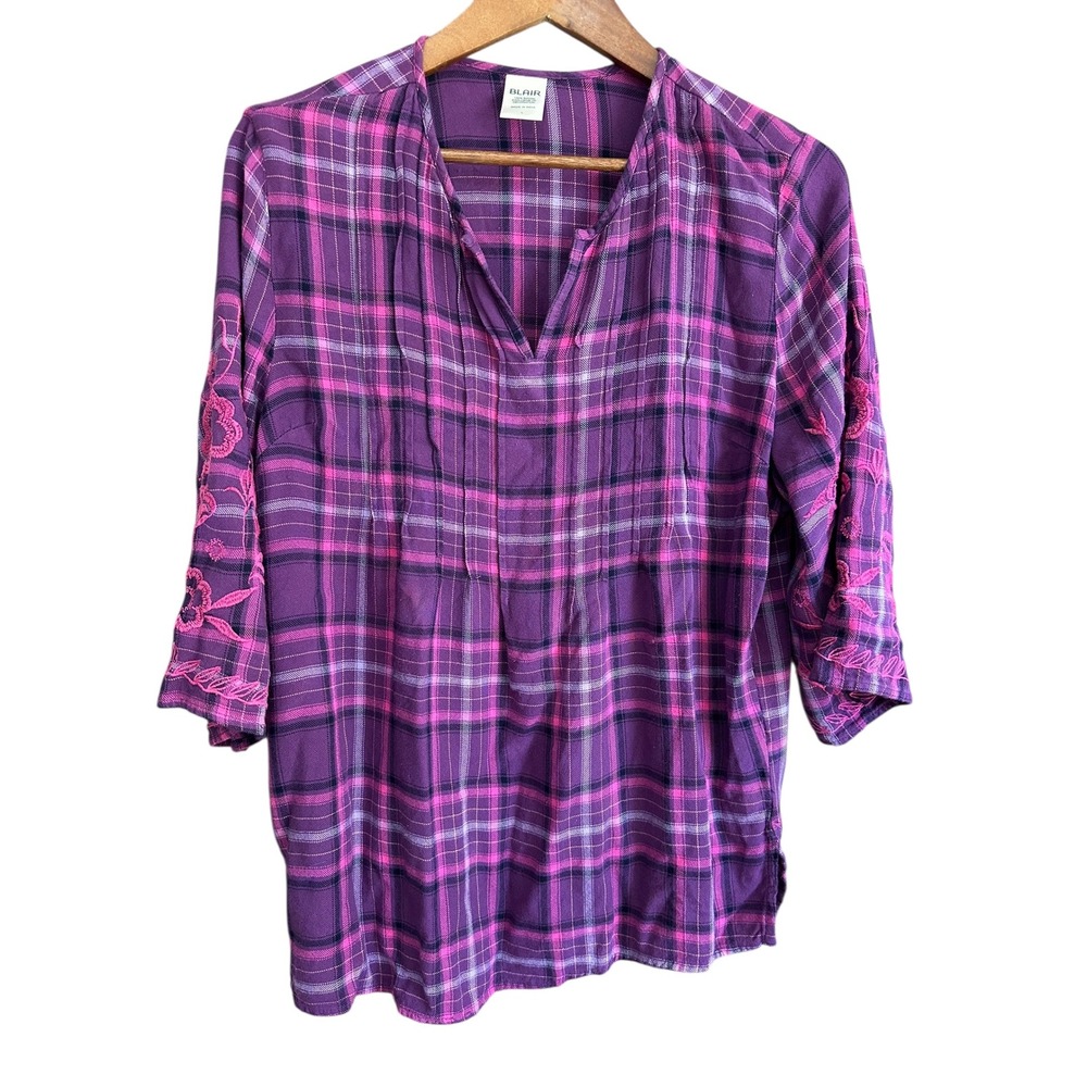 Blair Purple Pink Plaid Embroidered Sleeve Tunic Top Women's Size L